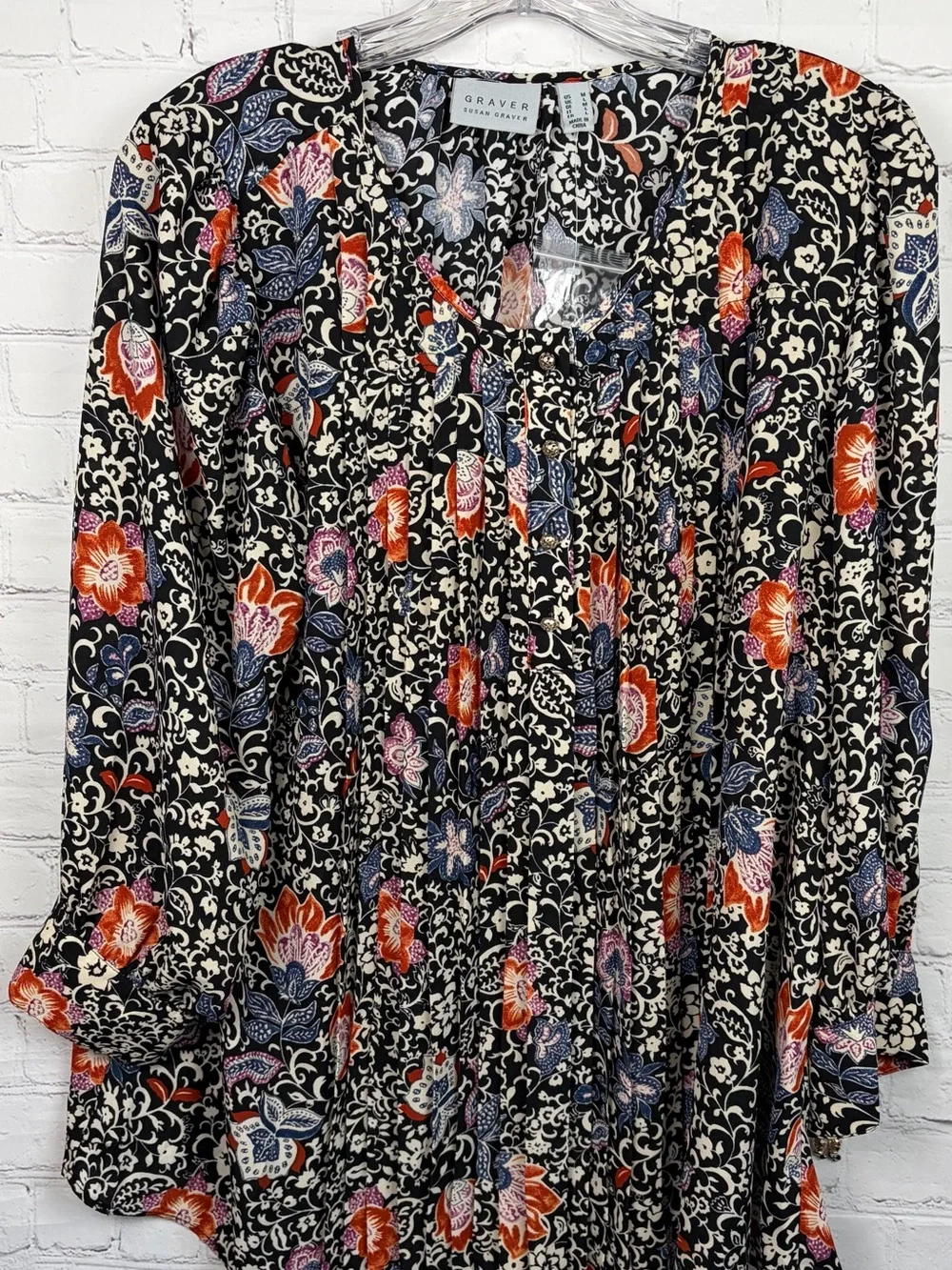 Susan Graver Floral Print Peasant Blouse Long Sleeve Black Multi Tunic Top M - Picture 2 of 10